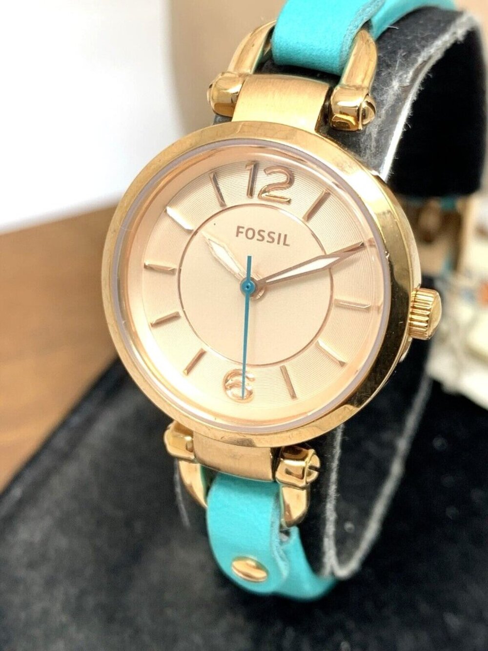 Fossil Women's Watch ES3744 Georgia Quartz Rose Gold Tone Blue Leather Band 26mm